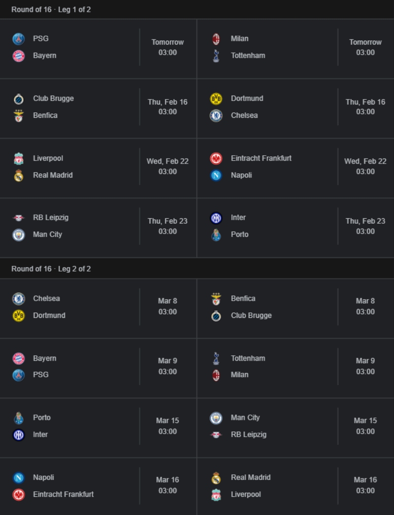 Lịch thi đấu vòng 1/8 Champions League 2022/23: Một trong những cặp đấu rất đáng chờ đợi